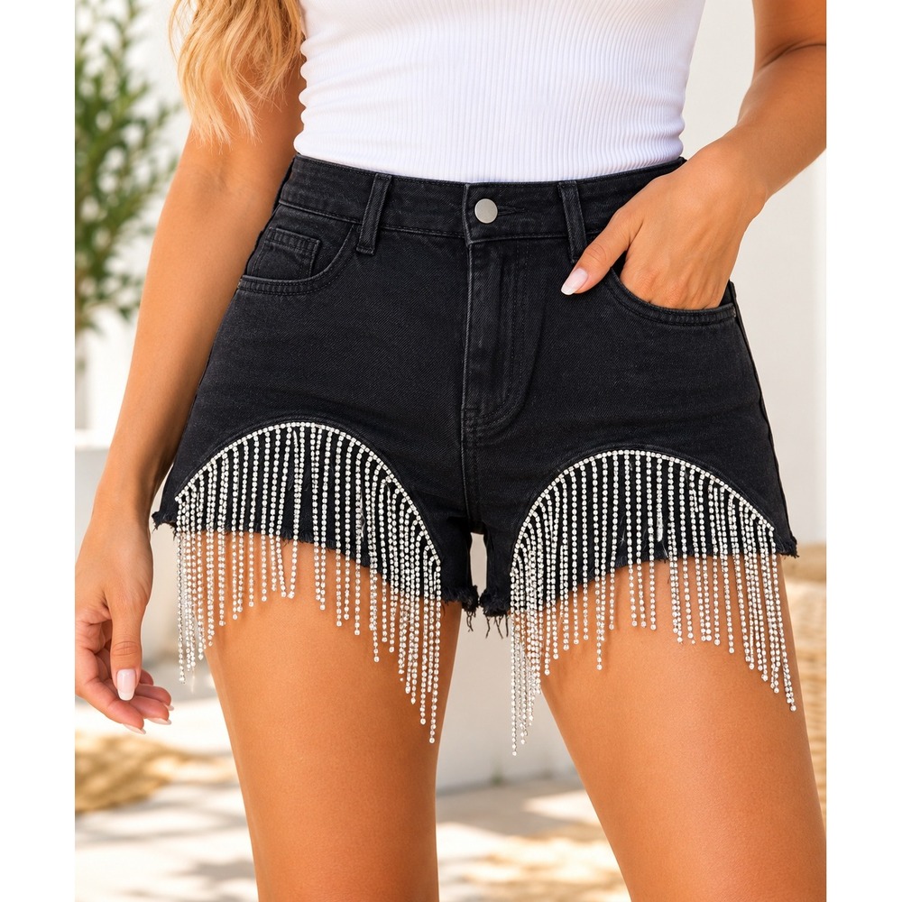 NWT Blue B Black Denim Rhinestone Fringe Shorts High Waisted Raw Hem Size S